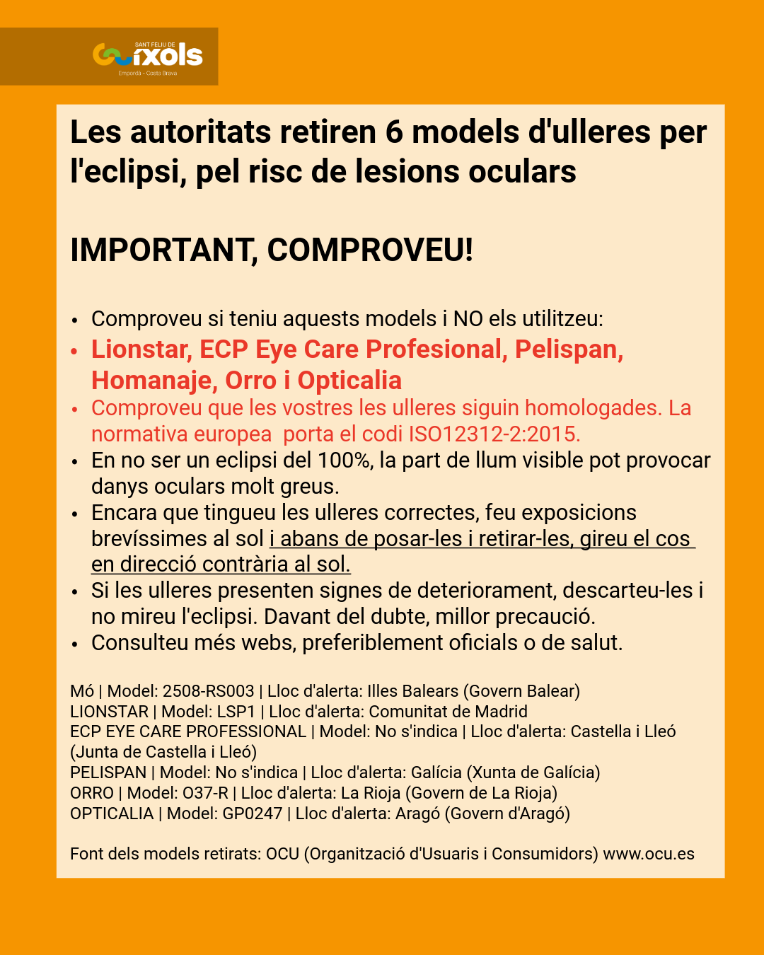 Les autoritats retiren 6 models d'ulleres per l'eclipsi, pel risc de lesions oculars