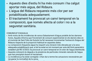 En relació amb el color de l'aigua de l'aixeta a les cases, la companyia d'aigua Aqualia informa: