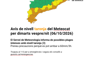 Avís de nivell taronja del Meteocat per dimarts vespre/nit (06/10/2026)